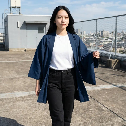 Blaue Haori-Jacke auf einem Dach fotografiert, Hände in den Taschen, weite Ärmel sichtbar.