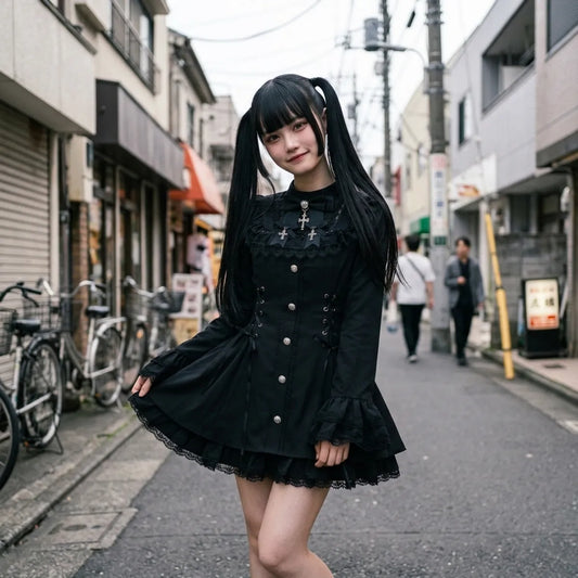 Dark Lolita Kleid in einer Harajuku-Seitengasse mit Korsettschnürung und schwarzem Spitzenkragen bei Tageslicht