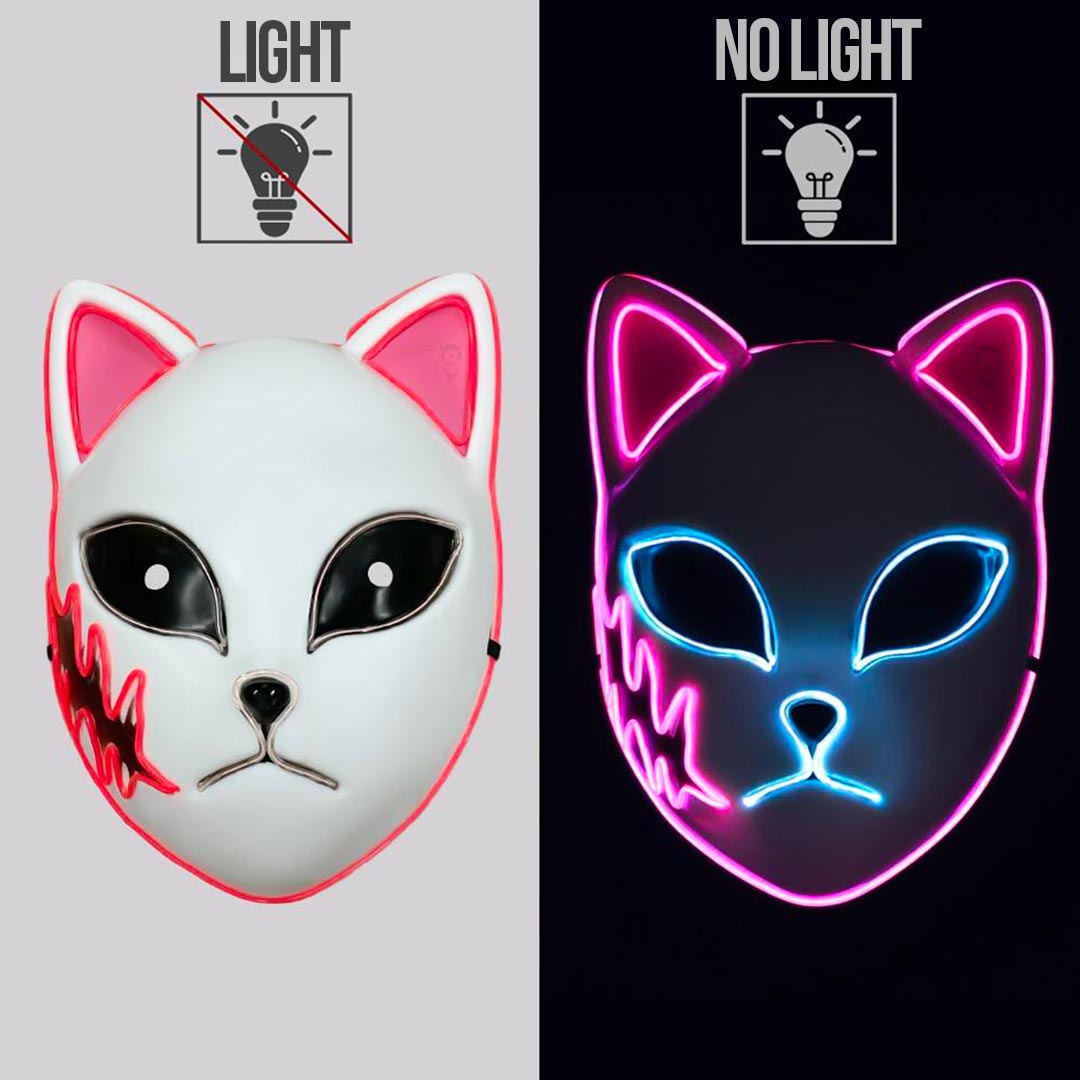 Demon Slayer Maske im Kitsune Fuchs Design mit blauem LED Leuchten