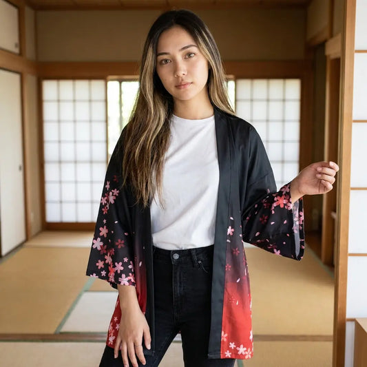Dunkelblaue Fuchs Kimono Jacke von vorne mit Kirschblüten und Fuchsmaske Print