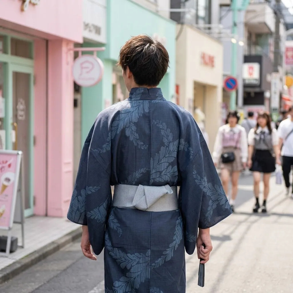 Dunkelblauer Herren-Yukata von hinten getragen, gerader Schnitt