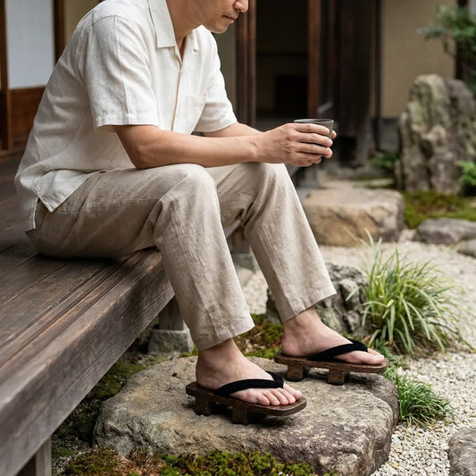 Geta Damen Sandalen getragen mit weißen Tabi Socken im japanischen Garten