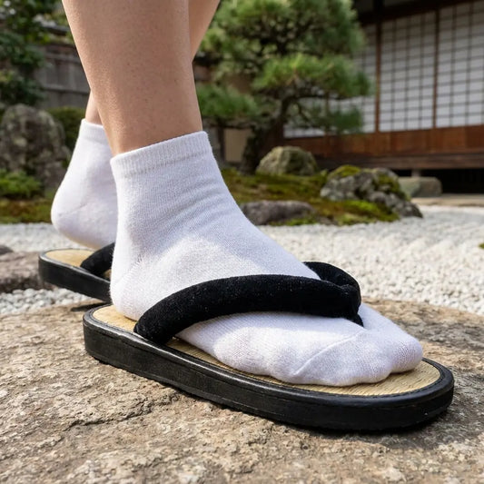 Geta Sandalen mit weißen Tabi-Socken auf einem Gartenstein