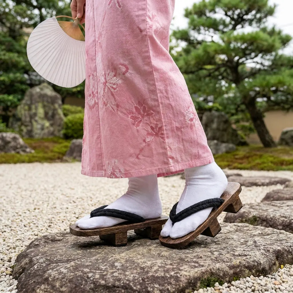 Geta Sandalen getragen mit einem rosa Kimono in einem japanischen Garten