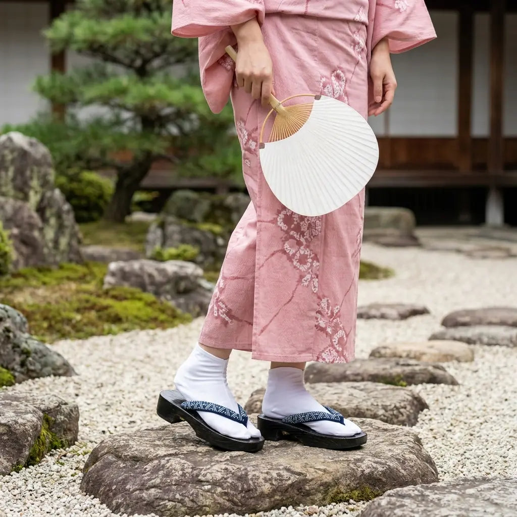 Geta Sandalen getragen mit einem rosa Kimono in einem japanischen Garten