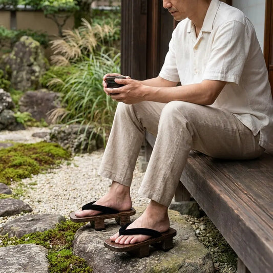 Mann sitzt im japanischen Garten und trägt Geta Sandalen mit weißen Tabi-Socken