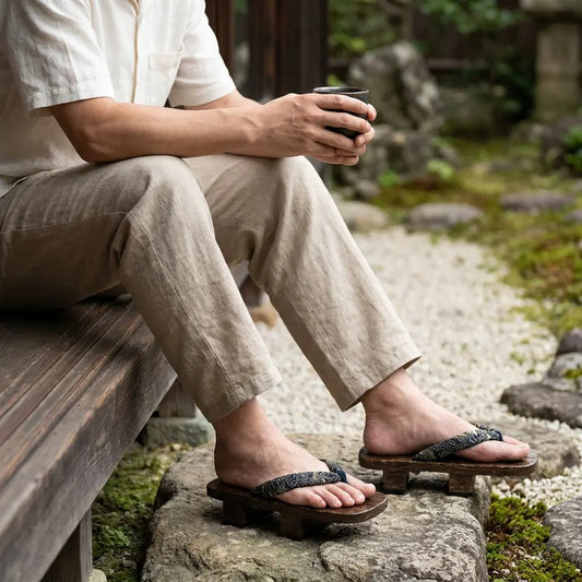 Geta Sandalen mit weißen Tabi Socken auf einem steinigen Gartenweg getragen