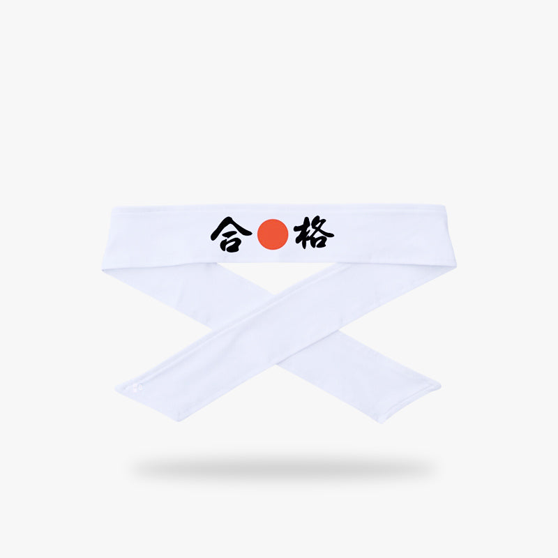 Weißes Hachimaki Stirnband mit schwarzem Kanji und rotem Sonnensymbol