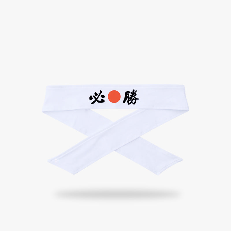Hachimaki Stirnband Hissho mit schwarzem Kanji Schriftzeichen und rotem Kreis auf weißem Stoff