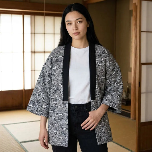 Hanten Jacke im traditionellen japanischen Stil getragen