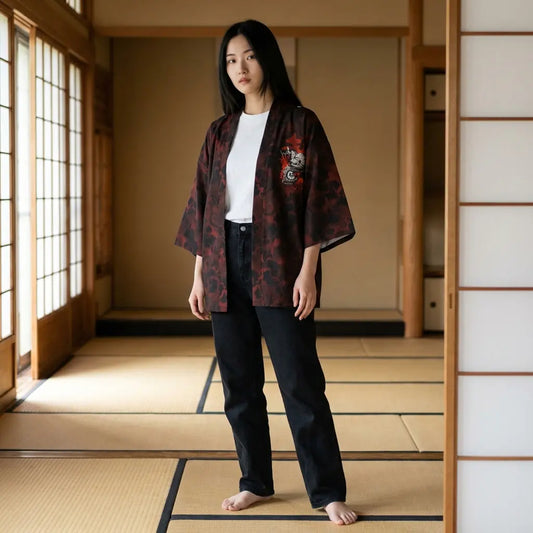 Frau trägt Haori Jacke im Samurai Stil in Washitsu Raum mit Tatami und Shoji