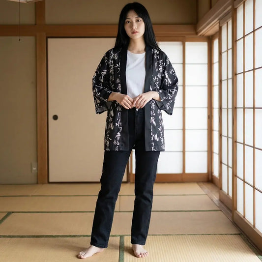 Frau trägt eine Haori Jacke in einem Washitsu-Raum mit Tatami und Shoji-Wänden