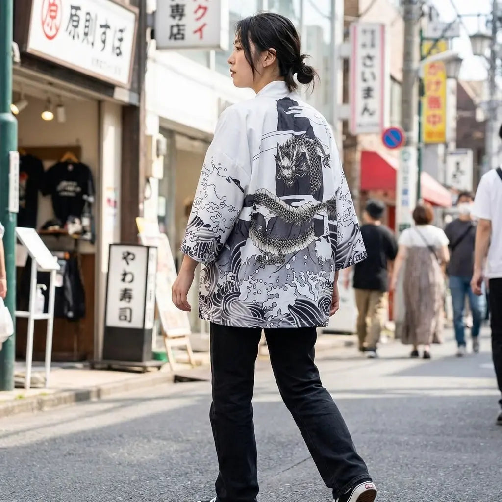 Frau von hinten in Haori Jacke mit Drachenmotiv auf einer Straße