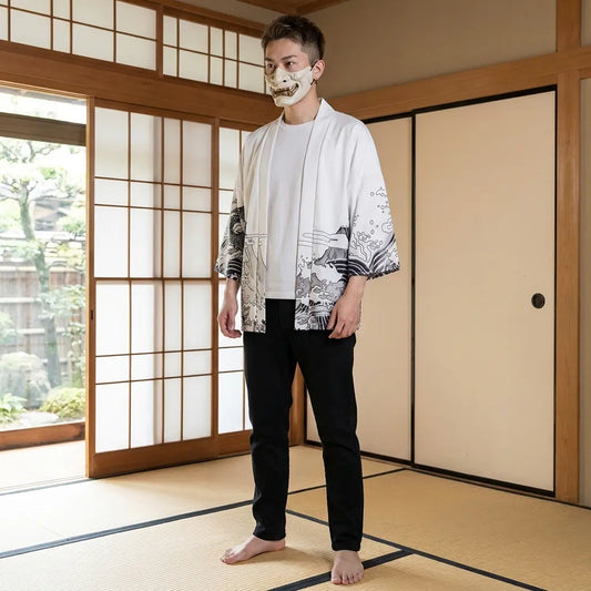 Mann trägt Haori Jacke mit Drachenprint in traditionellem japanischen Raum, Frontalansicht