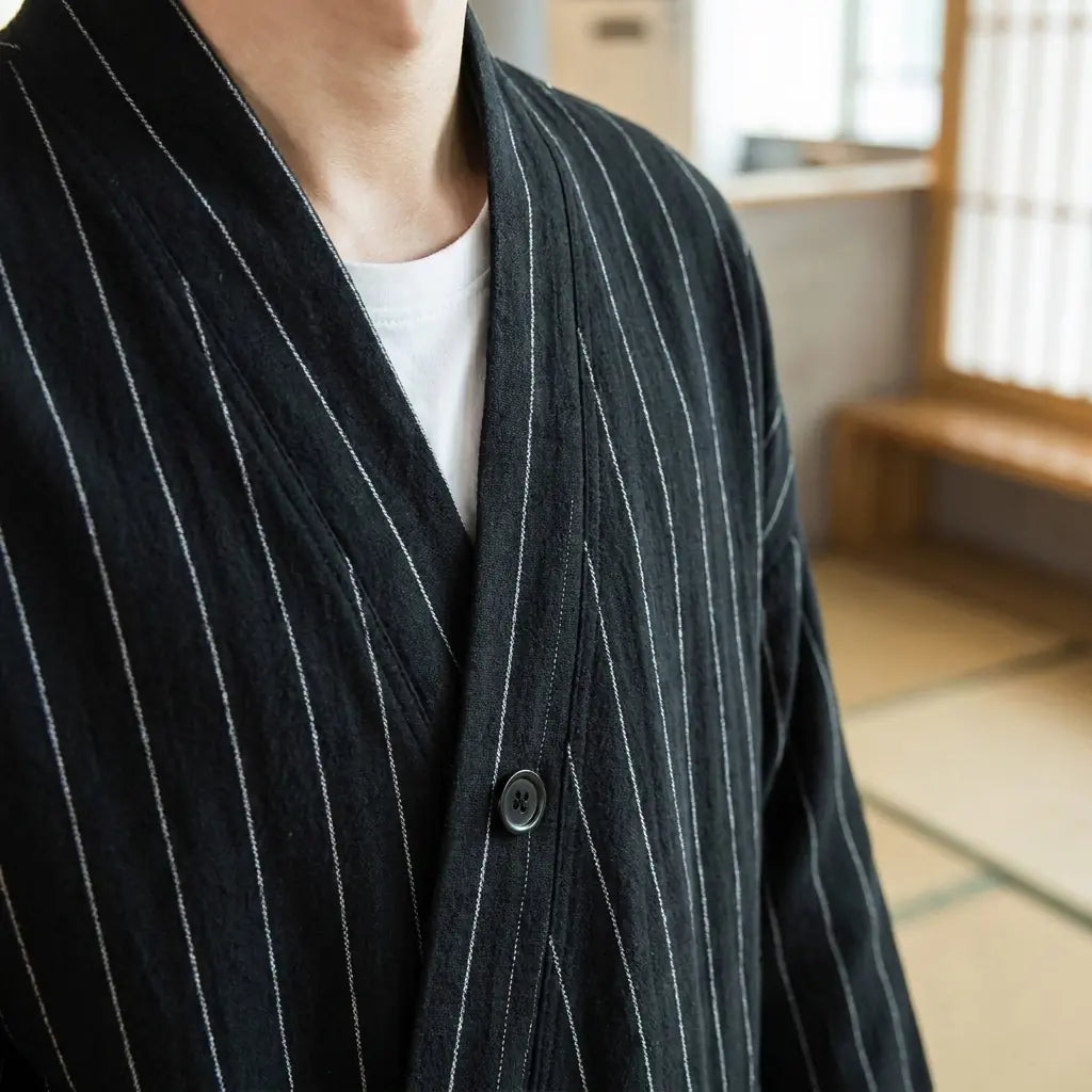 Nahaufnahme von Stoffmuster und Ärmel der Haori Jacke Herren