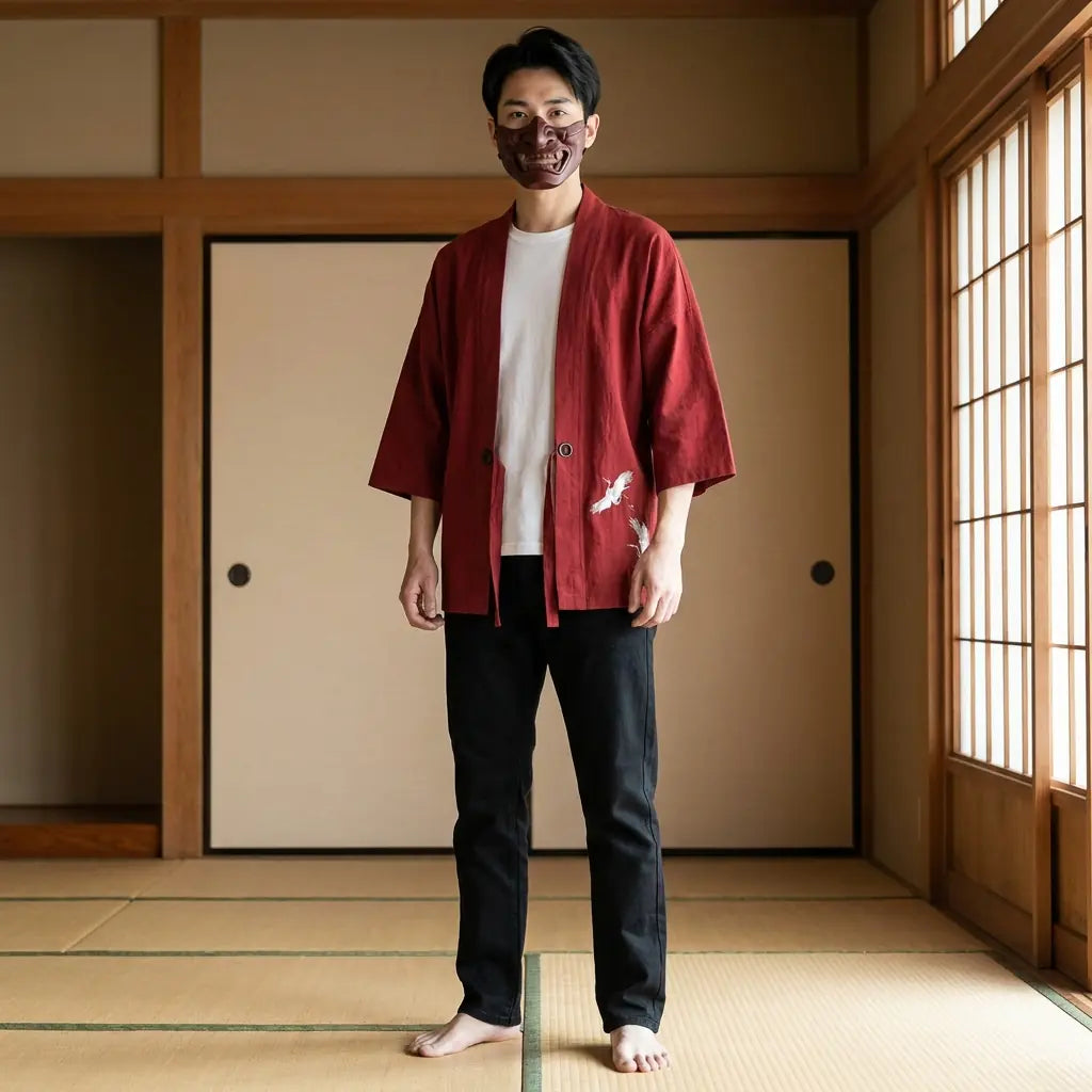 Mann trägt Haori Kimono Jacke im japanischen Stil, Frontalansicht