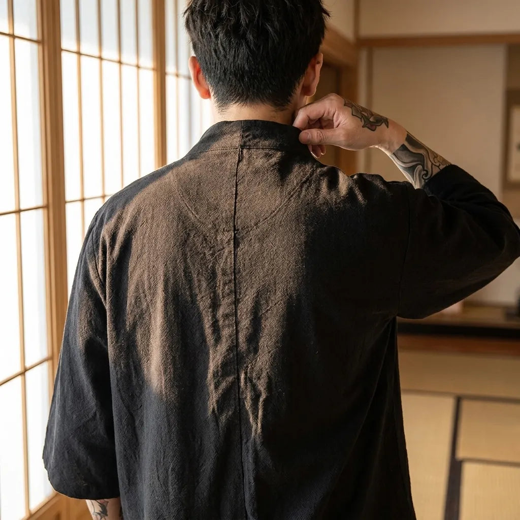 Schwarze Kimono Jacke für Herren getragen von hinten