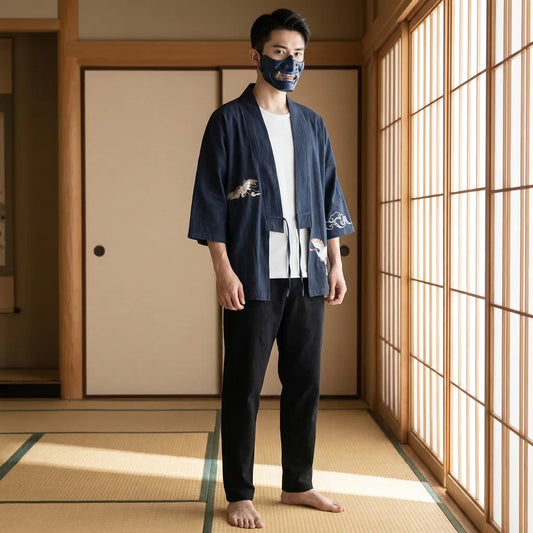 Haori Kimono-Jacke Herren in Marineblau, offen über T-Shirt getragen