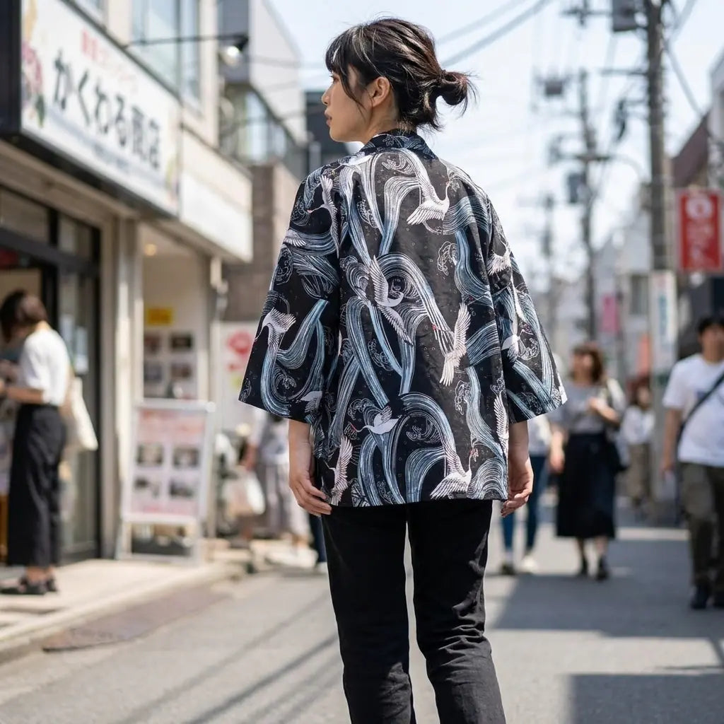 Frau von hinten in Haori Jacke im Kimono-Stil auf einer Straße im Streetstyle-Look