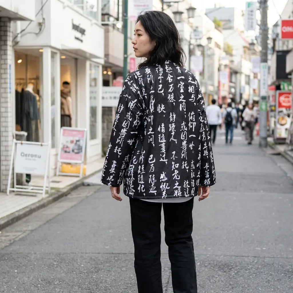 Frau von hinten in einer Haori Jacke in einer Harajuku Straßenszene