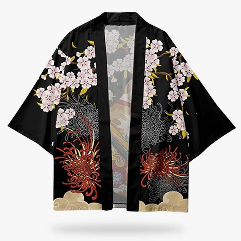 Haori Kimono Jacke getragen über einem Yukata mit Sakura Print