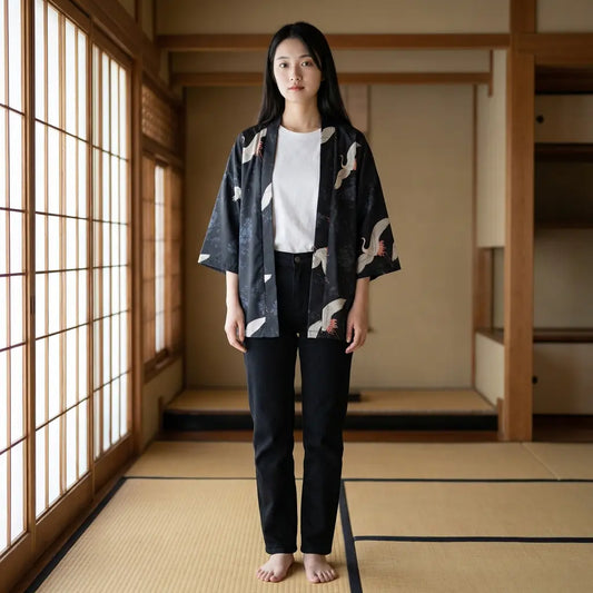 Frau trägt lockere Haori Kimono Jacke in Tatami Zimmer mit Shoji Schiebetüren