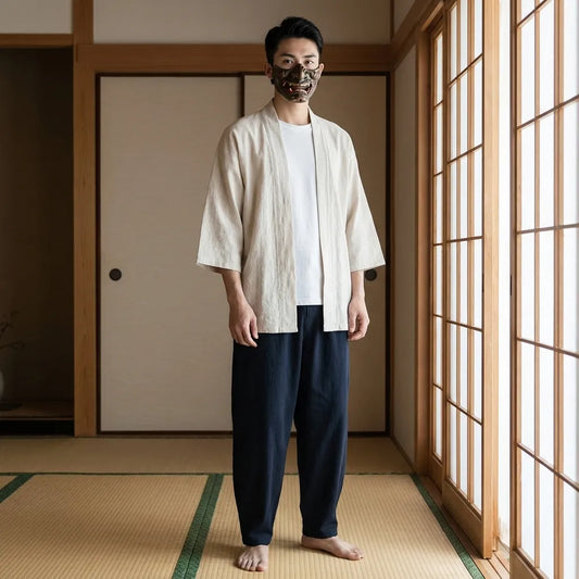Weiße Haori Kimono Jacke mit offenem Schnitt von vorne