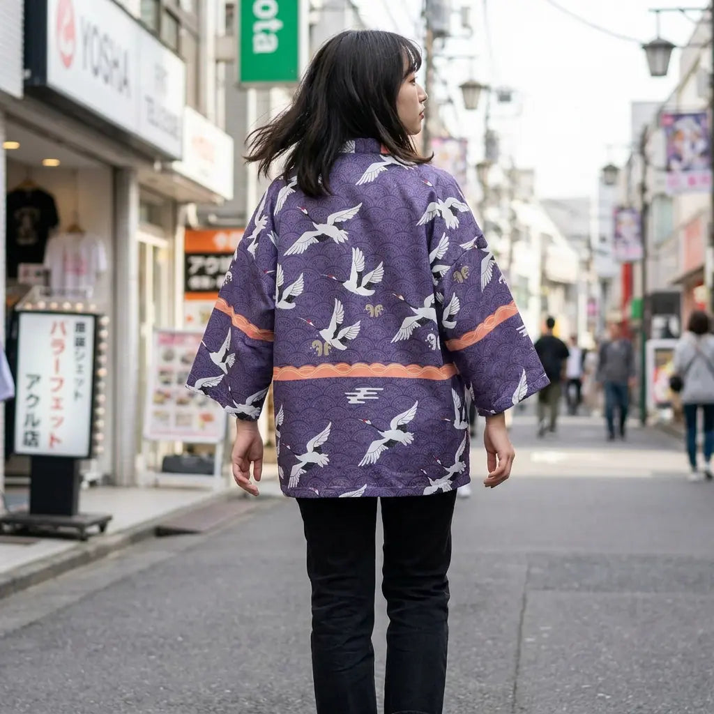 Frau von hinten in Haori Tokyo Jacke auf einer Straße in Harajuku