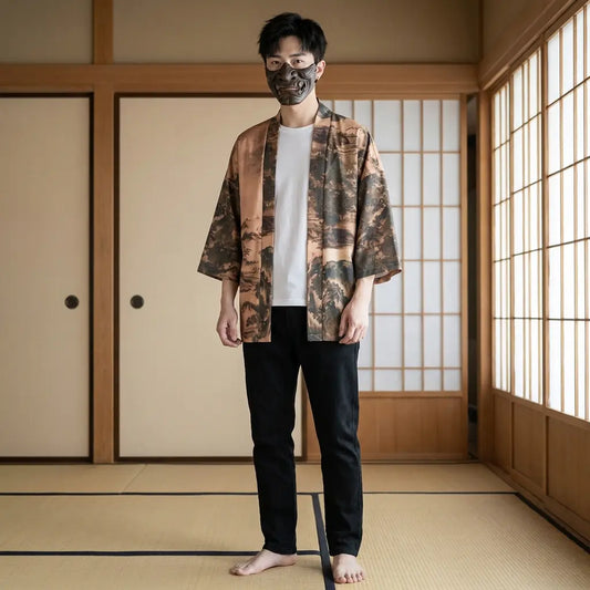 Mann trägt Haori Kimono Jacke im Streetwear-Stil, Frontansicht im Washitsu-Raum