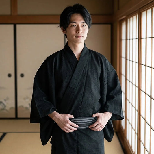 Schwarzer Kimono für Herren aus Baumwolle in Nahaufnahme von vorne