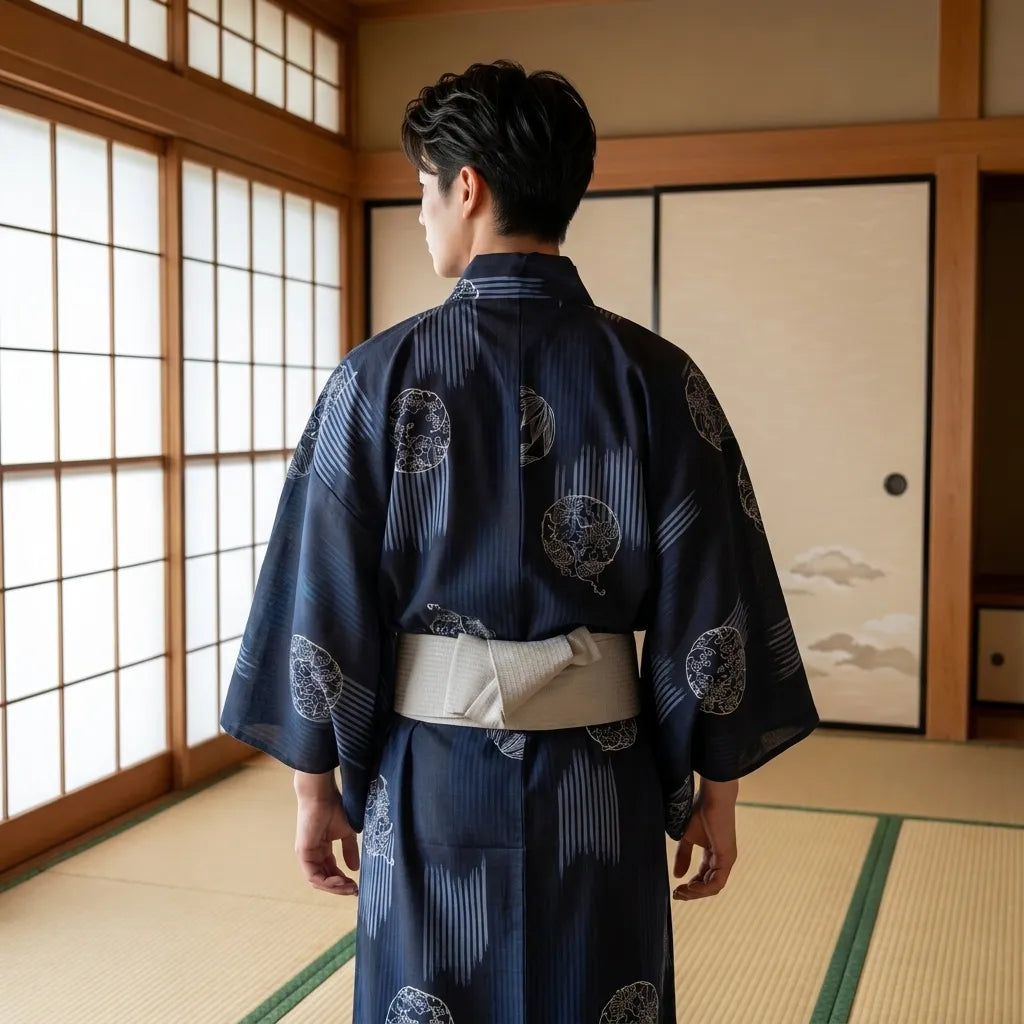 Rückansicht des Kimono Sets zeigt Fall und Länge der Robe