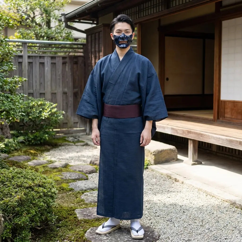 Detailansicht des Herren Kimonos mit weiten Ärmeln und langer Schnittführung