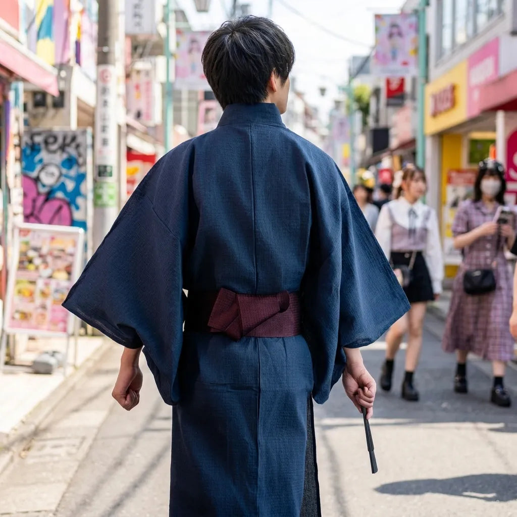 Herrenkimono blau, Rückansicht mit klassischem Faltenwurf