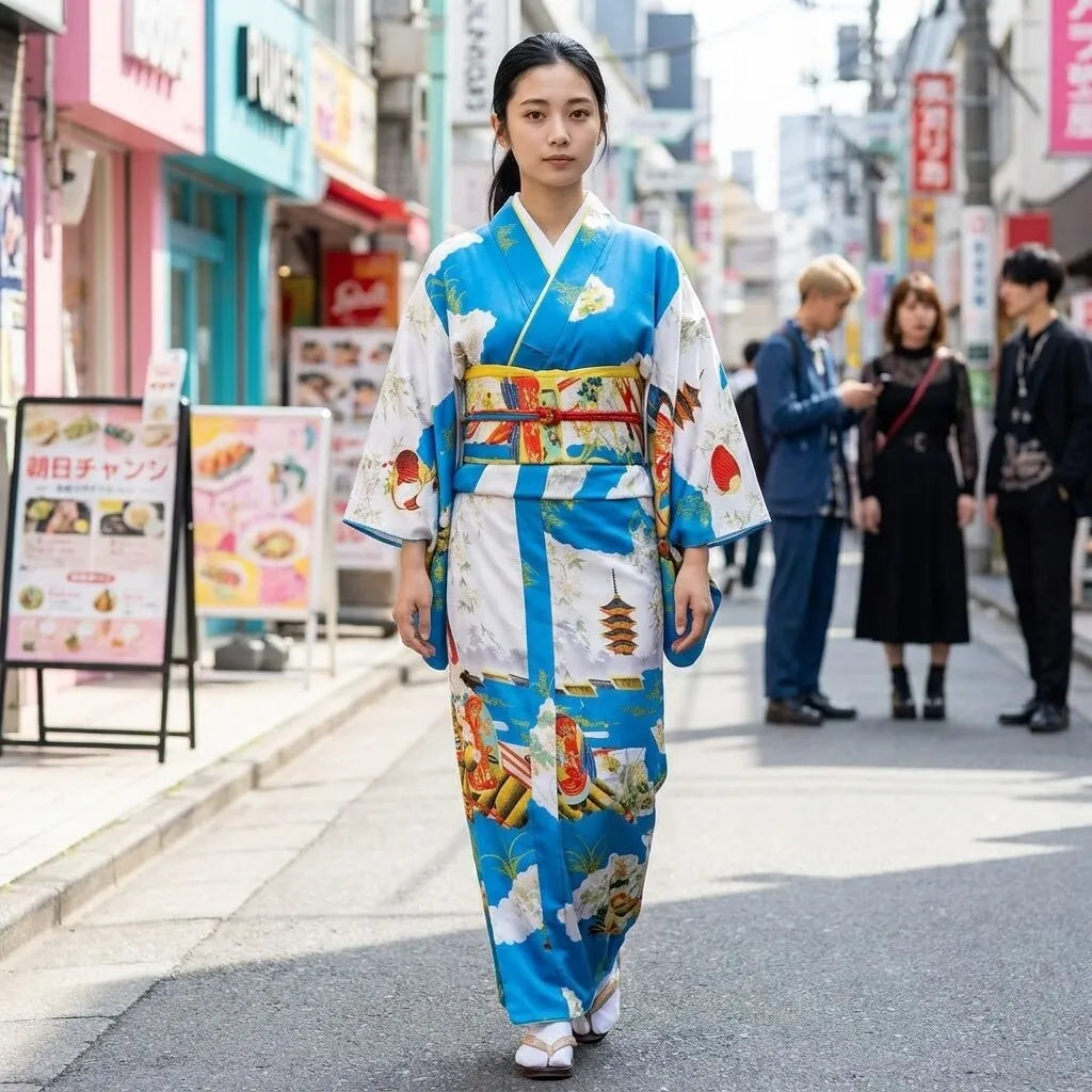 Rückansicht des himmelblauen Kimono Kleids mit Pagoden und Wolkenmotiven