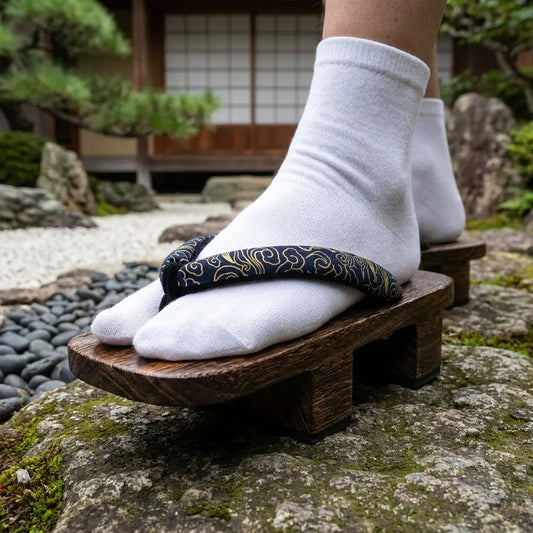 Holz-Geta-Sandalen mit weißen Tabi-Socken auf einem Gartenstein