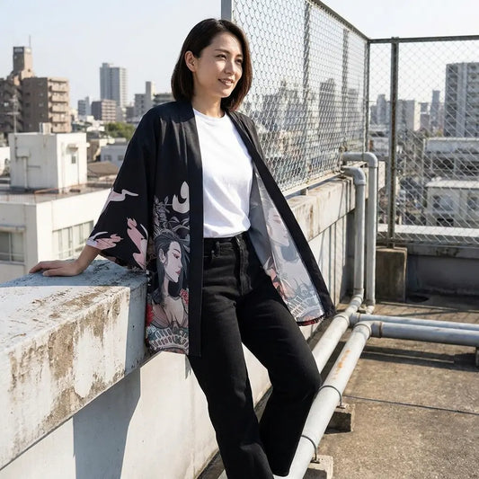 Kimono Jacke mit Irezumi-Motiv vor einem Dachterrassen-Geländer