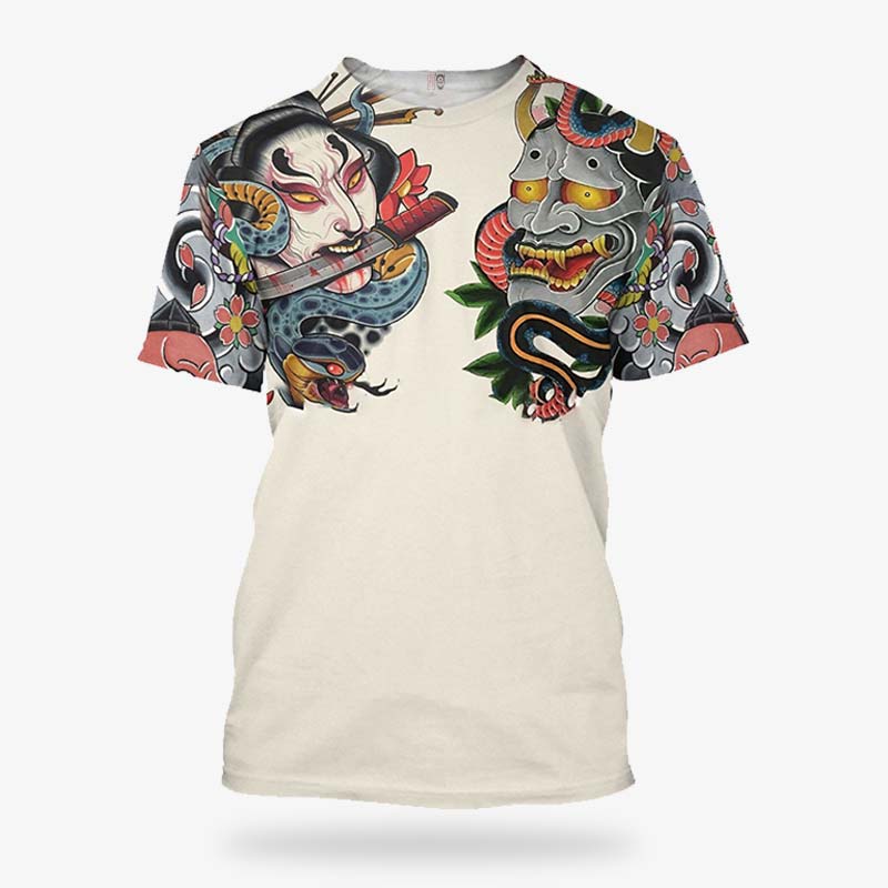 Irezumi T-Shirt aus Baumwolle mit Yurei-Geist und Oni-Maske bedruckt