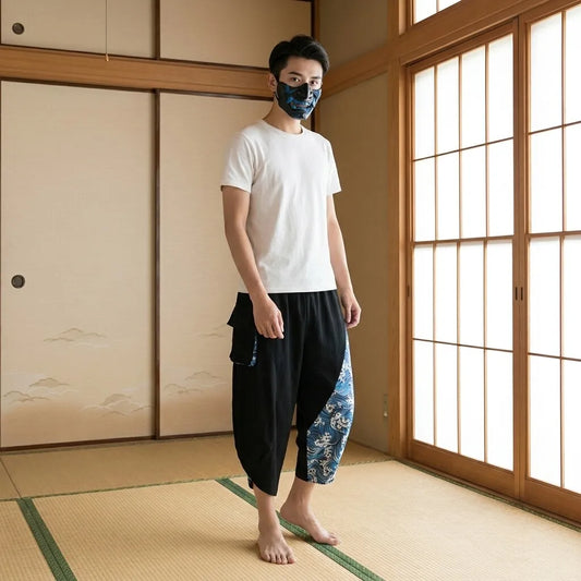 Japanische Harem-Hose mit Wellenmuster, Detailansicht des Stoffs