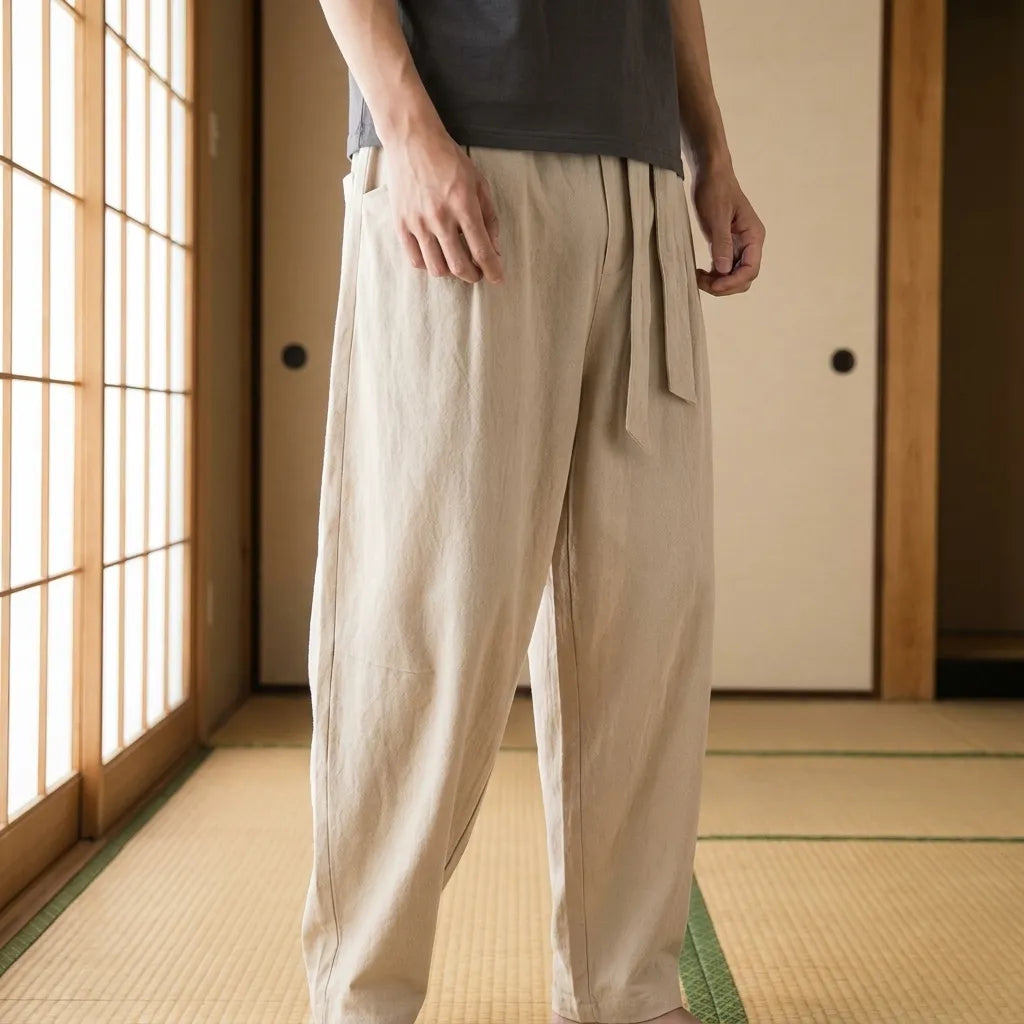Khakifarbene japanische Hose im Streetwear Stil mit weitem Bein