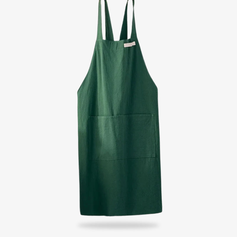 Japanische Leinenschürze mit atmungsaktivem Stoff und Kreuzträger-Design für langlebige Nutzung.