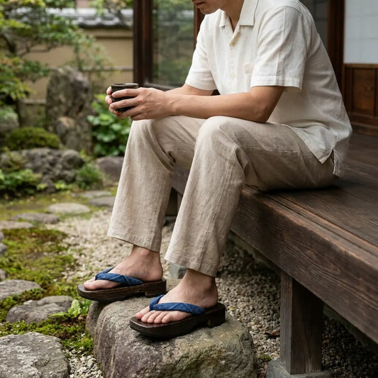 Japanische Schuhe Damen bei einem Spaziergang durch einen traditionellen japanischen Garten