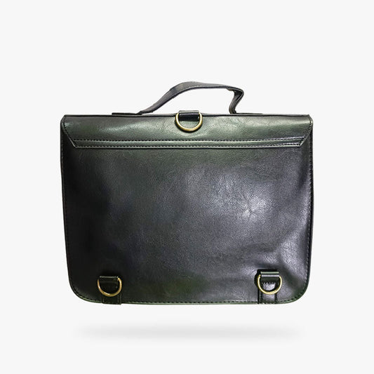 Schwarze japanische Vintage-Schultasche aus Kunstleder in Nahaufnahme