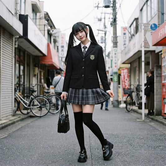 Japanische Schuluniform in einer Harajuku-Gasse, schwarzer Blazer mit Wappen und karierter Faltenrock