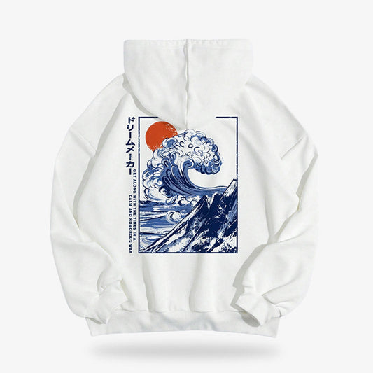 Japanischer Hoodie im Harajuku Stil mit detailliertem Landschaftsdruck auf Baumwolle