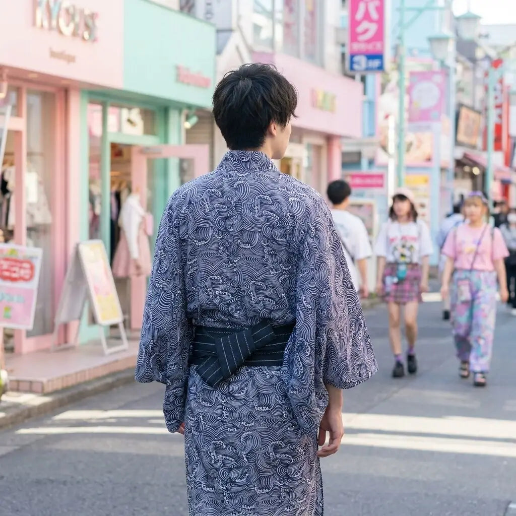 Detailansicht des Wellenmusters auf der Rückseite des Kimonos