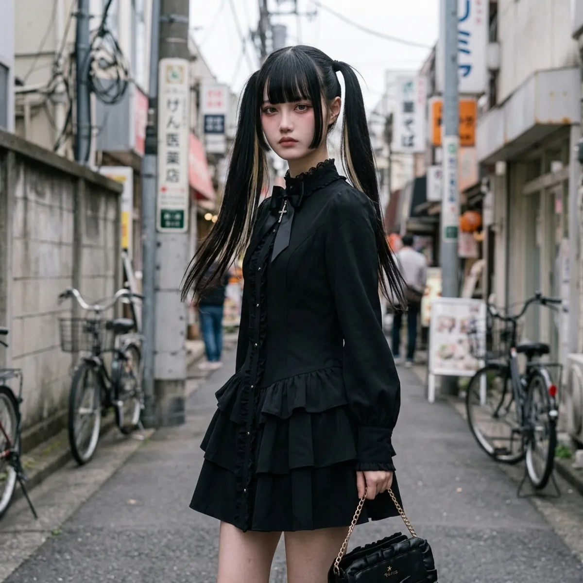 Gothic-Punk-Kleid im Dreiviertelprofil in Harajuku, gepufter Ärmel und zwei Rüschenlagen sichtbar