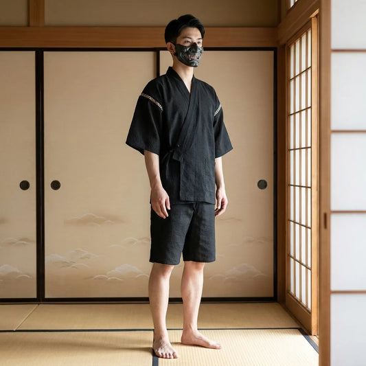 Modernes Jinbei Set für Herren mit offener Wickeljacke von vorne