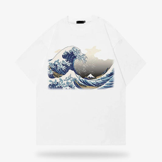 Weißes T-Shirt mit Kanagawa-Wellen-Print aus hochwertiger Baumwolle