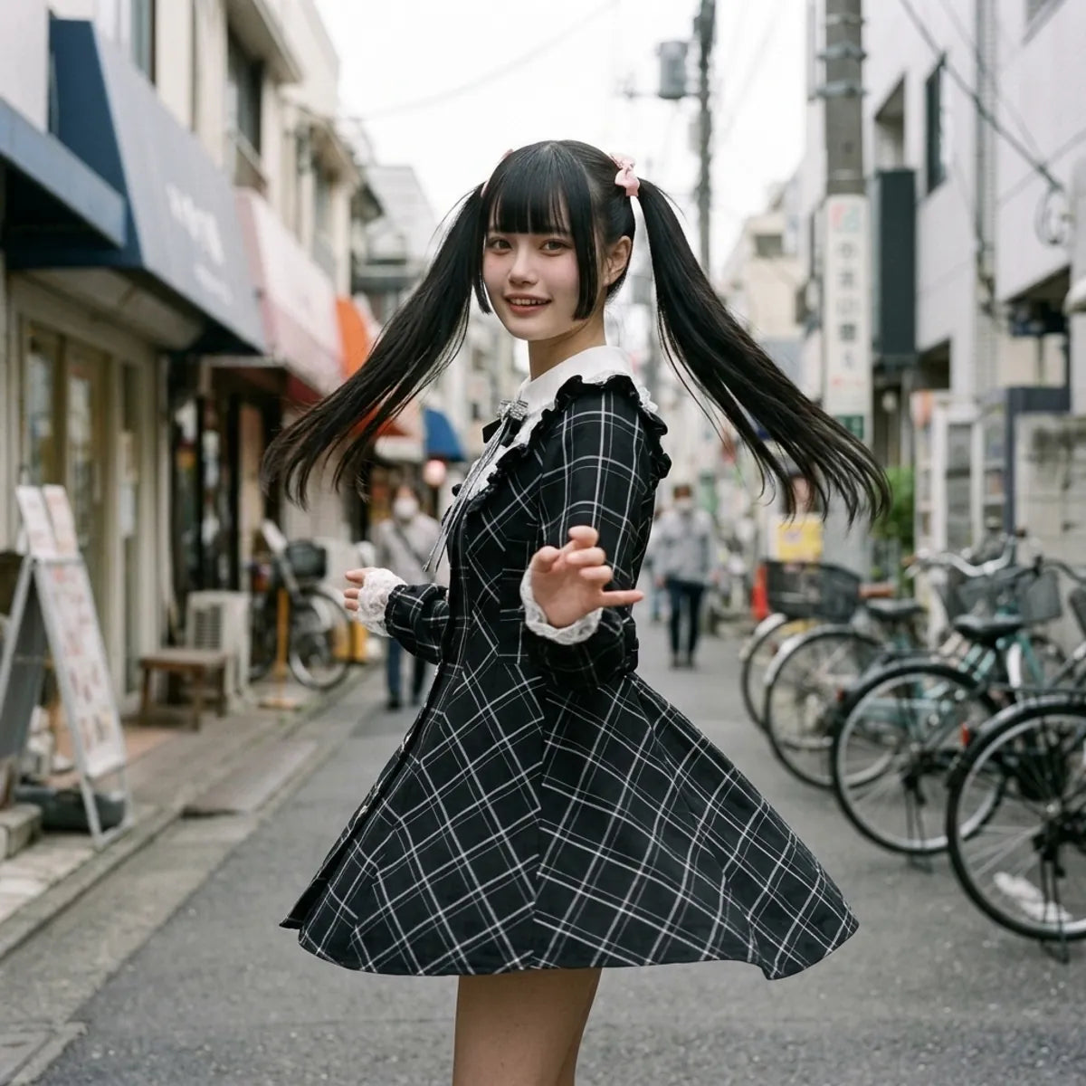 Kawaii Kleid im Sitzen getragen, Rock und Spitzenmanschetten sichtbar