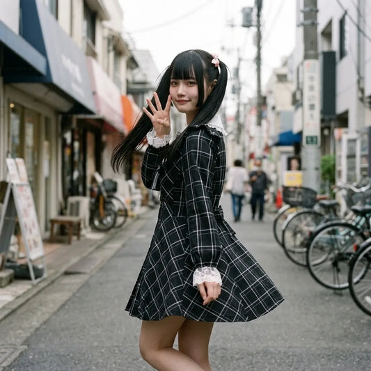 Kawaii Kleid im Karomuster von der Seite mit Spitzenkragen und Herzknöpfen
